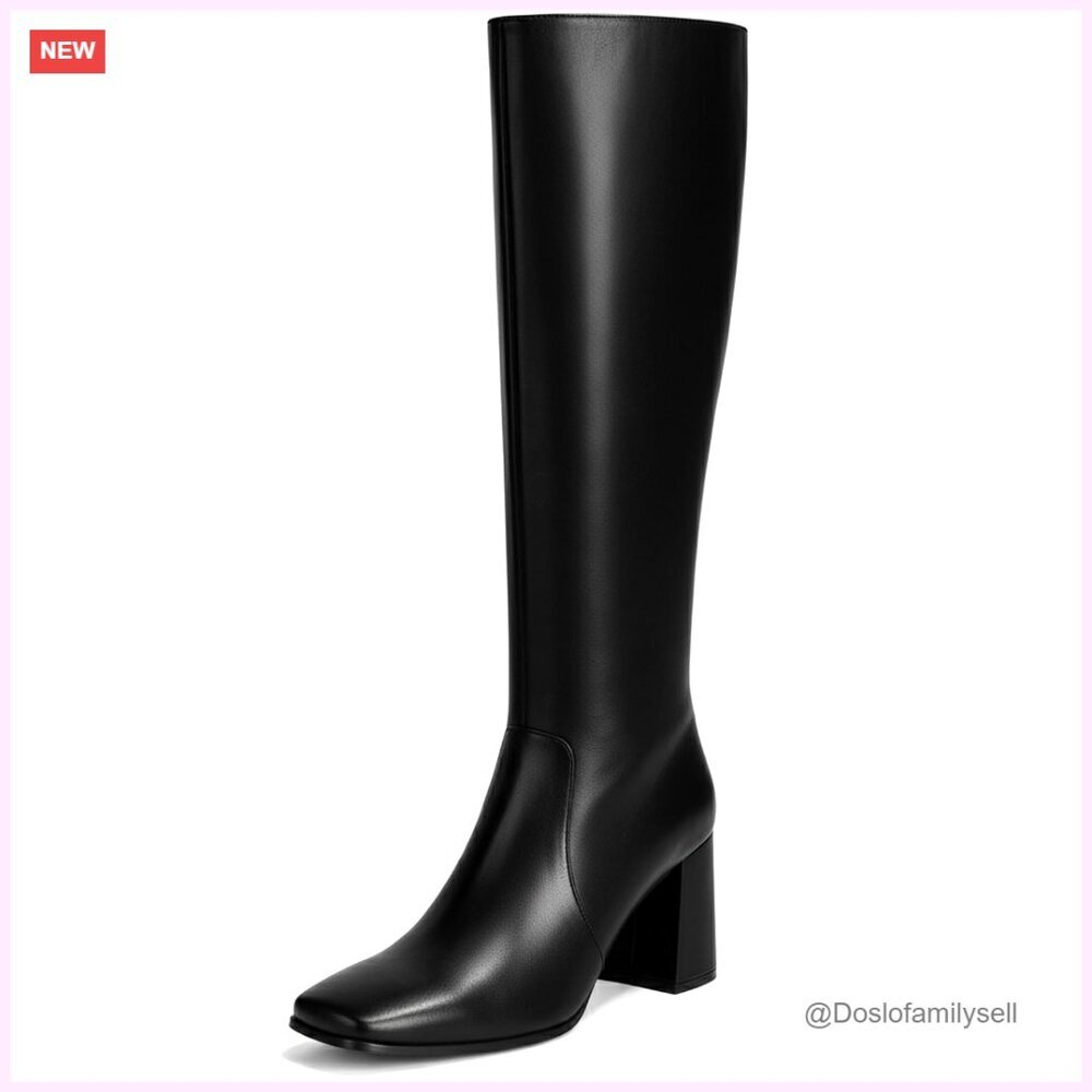 Knee High Square Toe Boots, Chunky 3.35-Inch Heel, Side Zipper, PU Leather - Picture 1 of 7